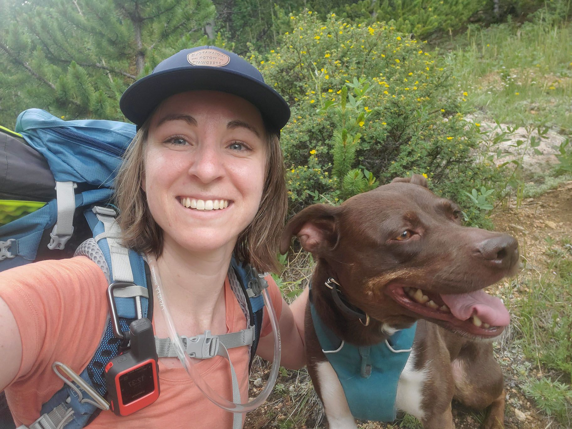 person in a ballcap and backpage with a brown dog on a hike