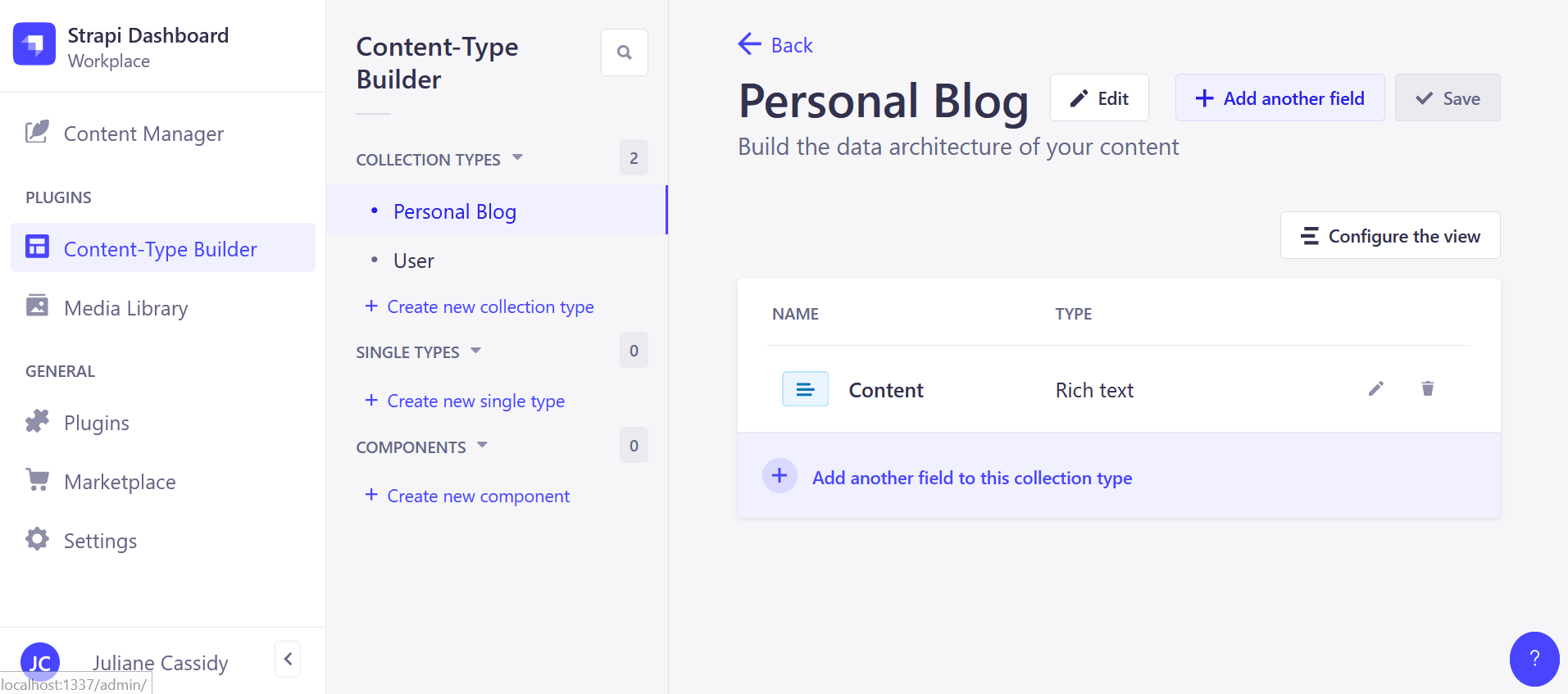 Strapi Content-Type Manager dashboard with a collection type called personal blog with one content component